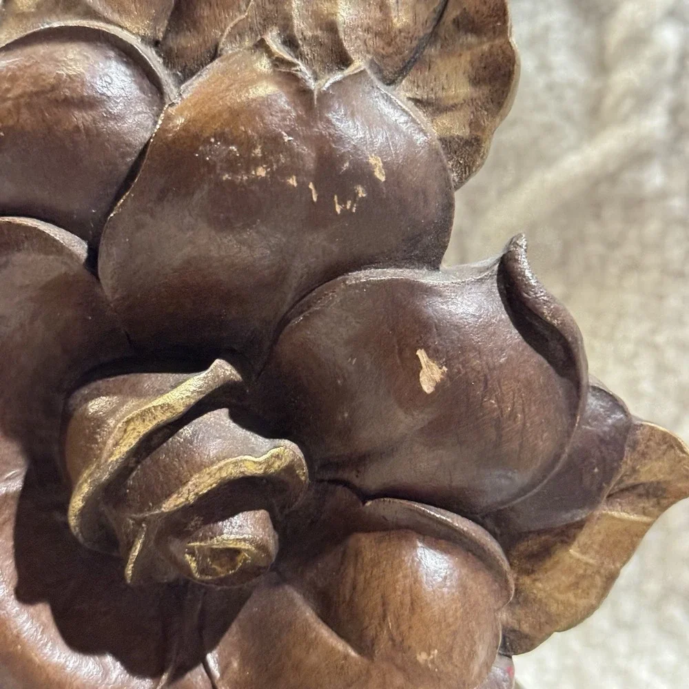 Vintage Syroco Wood Style Floral Figural Wild Rose Bookend Decor Flower Gold MCM